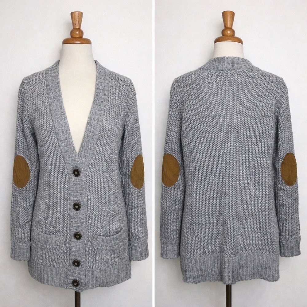 Lara Knit Grey Cardigan Elbow‎ Patches Medium Cottagecore Eclectic Grandpa